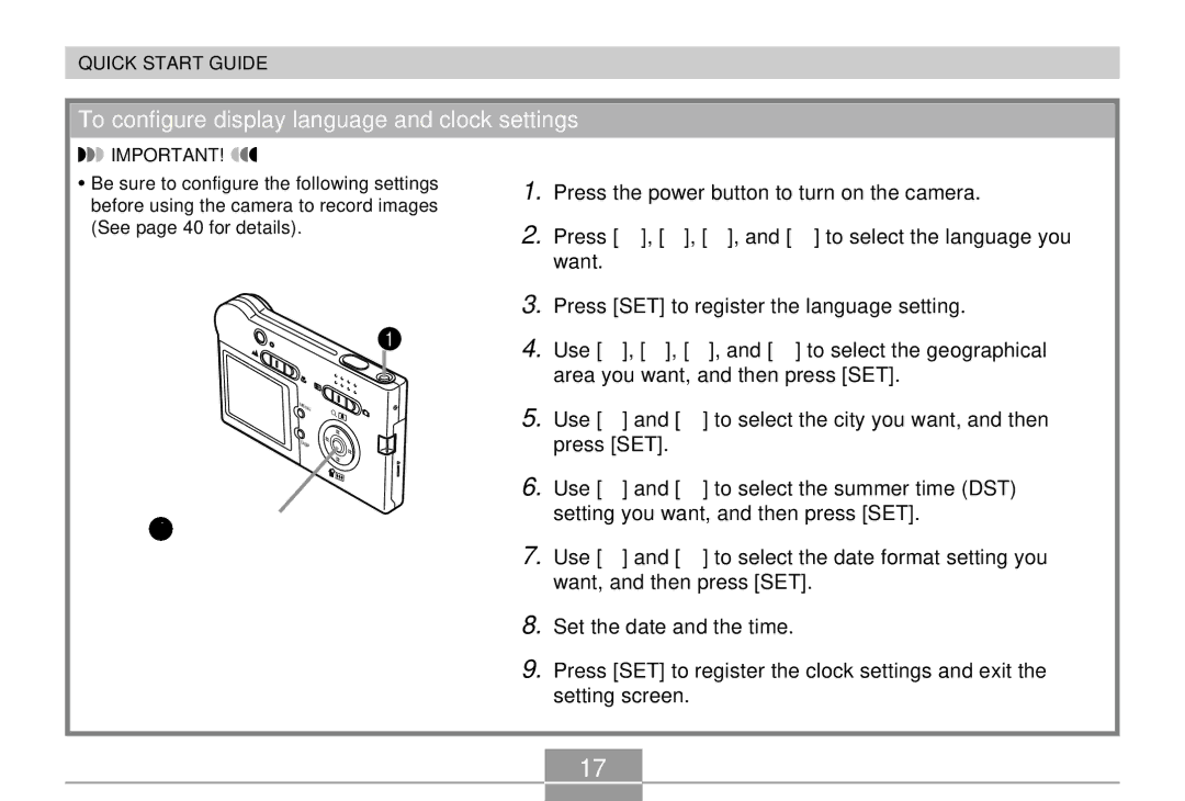 Casio EX-M20 manual 4, 5, 6, 7, 8, To configure display language and clock settings 