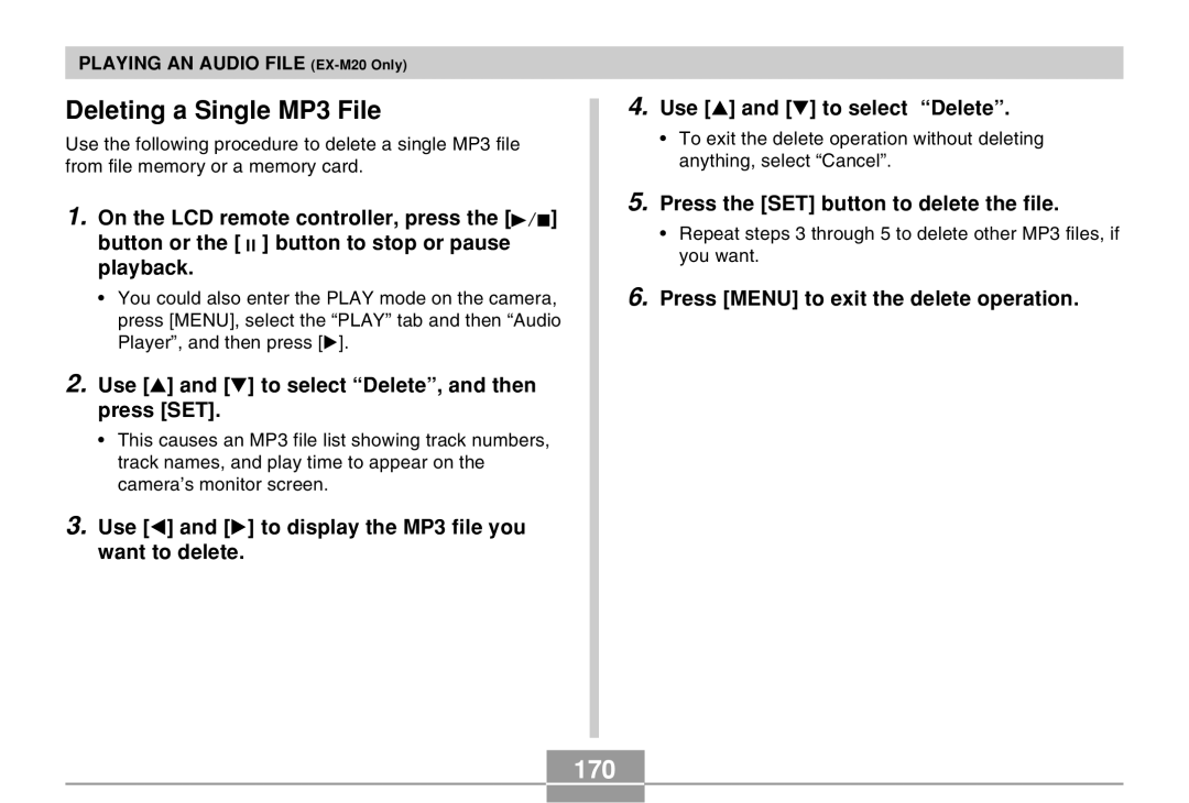 Casio EX-M20 manual Deleting a Single MP3 File, 170, Press the SET button to delete the file 