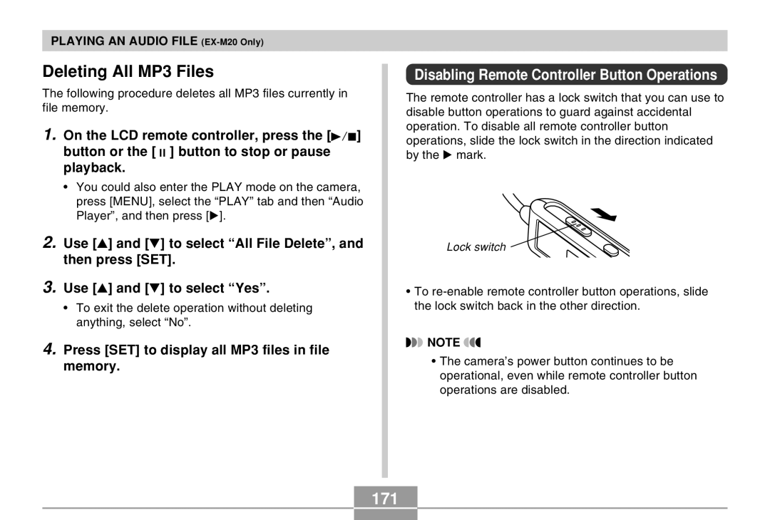 Casio EX-M20 manual Deleting All MP3 Files, 171, Disabling Remote Controller Button Operations 