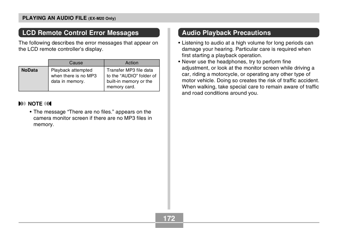 Casio EX-M20 manual 172, LCD Remote Control Error Messages, Audio Playback Precautions 