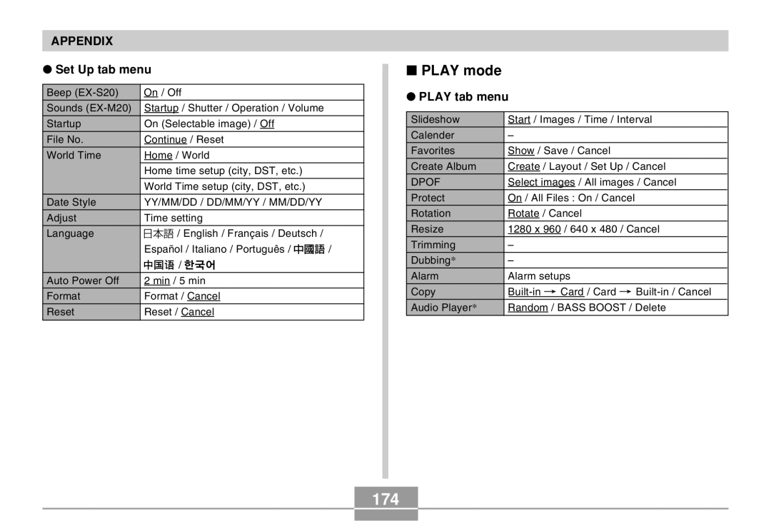 Casio EX-M20 manual 174, Play mode, Set Up tab menu, Play tab menu 