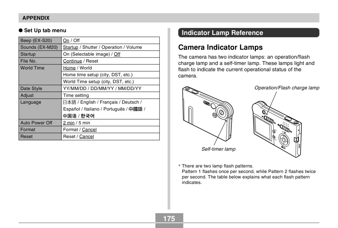 Casio EX-M20 manual Camera Indicator Lamps, 175, Indicator Lamp Reference 