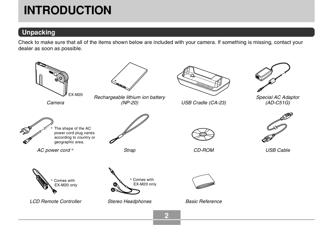 Casio EX-M20 manual Introduction, Unpacking 