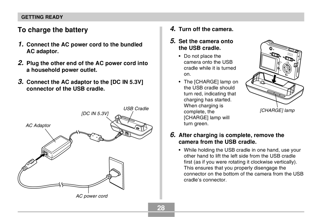 Casio EX-M20 manual To charge the battery, Turn off the camera Set the camera onto the USB cradle 