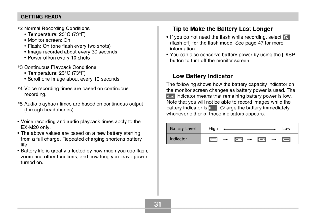 Casio EX-M20 manual Tip to Make the Battery Last Longer, Low Battery Indicator 