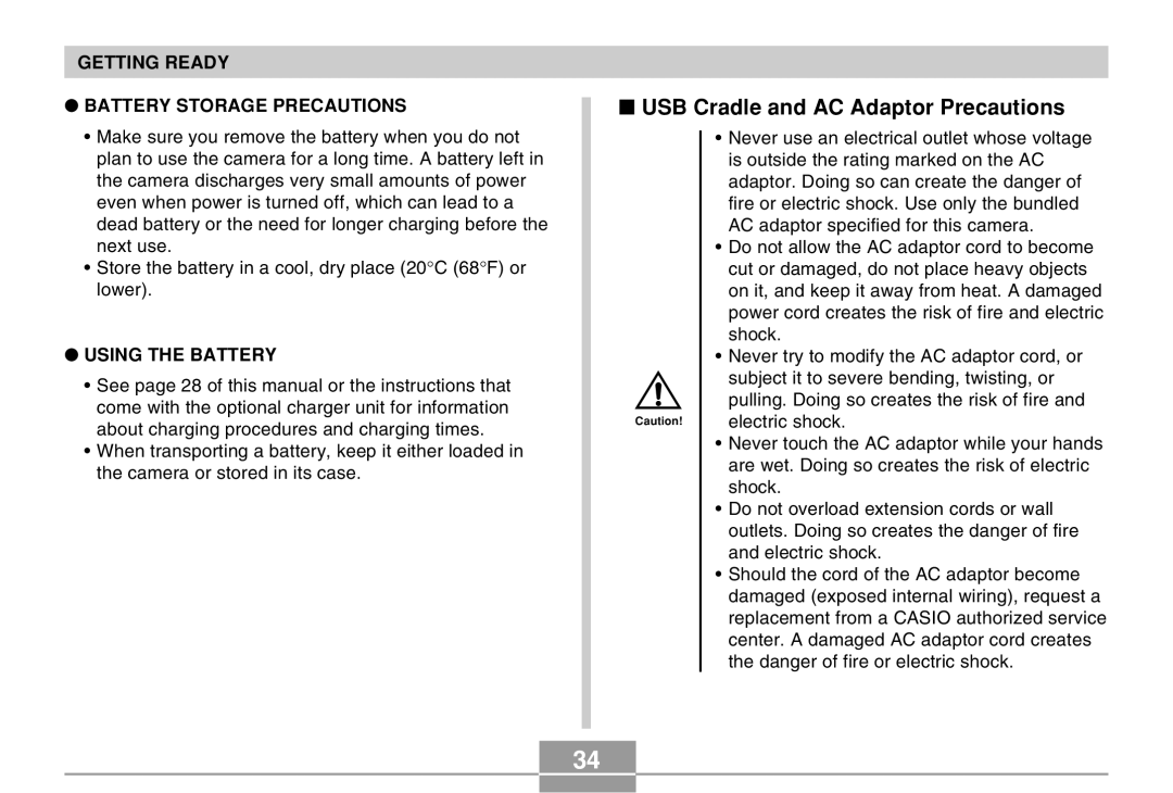 Casio EX-M20 manual USB Cradle and AC Adaptor Precautions, Getting Ready Battery Storage Precautions 