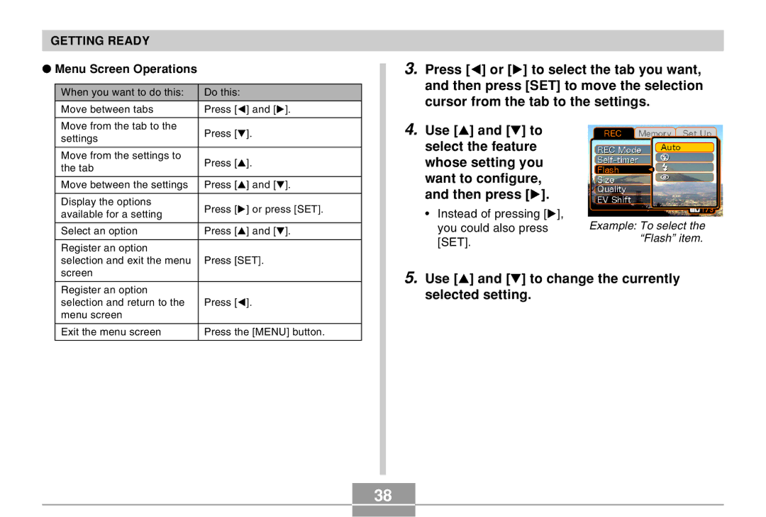 Casio EX-M20 manual Use and to change the currently selected setting, Menu Screen Operations 