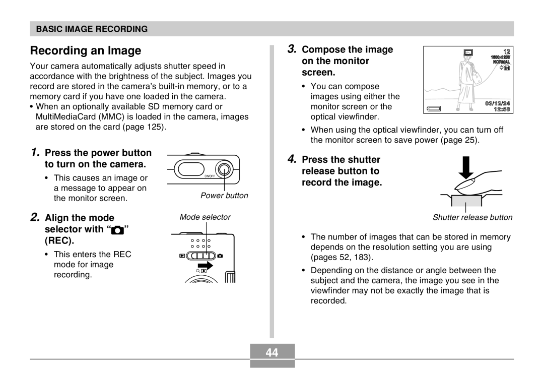 Casio EX-M20 manual Recording an lmage 