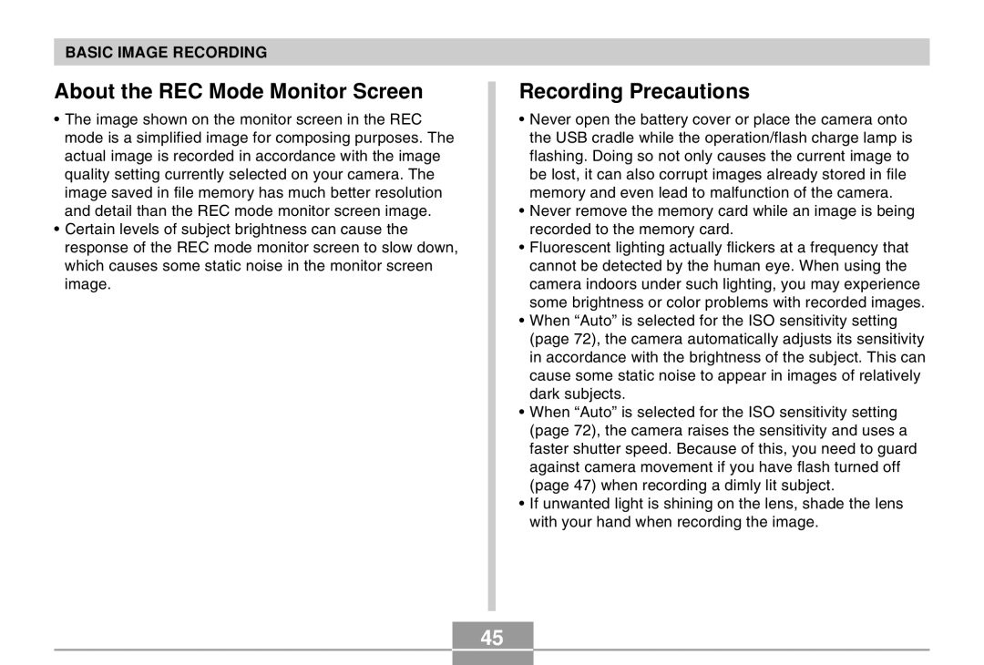 Casio EX-M20 manual About the REC Mode Monitor Screen, Recording Precautions 