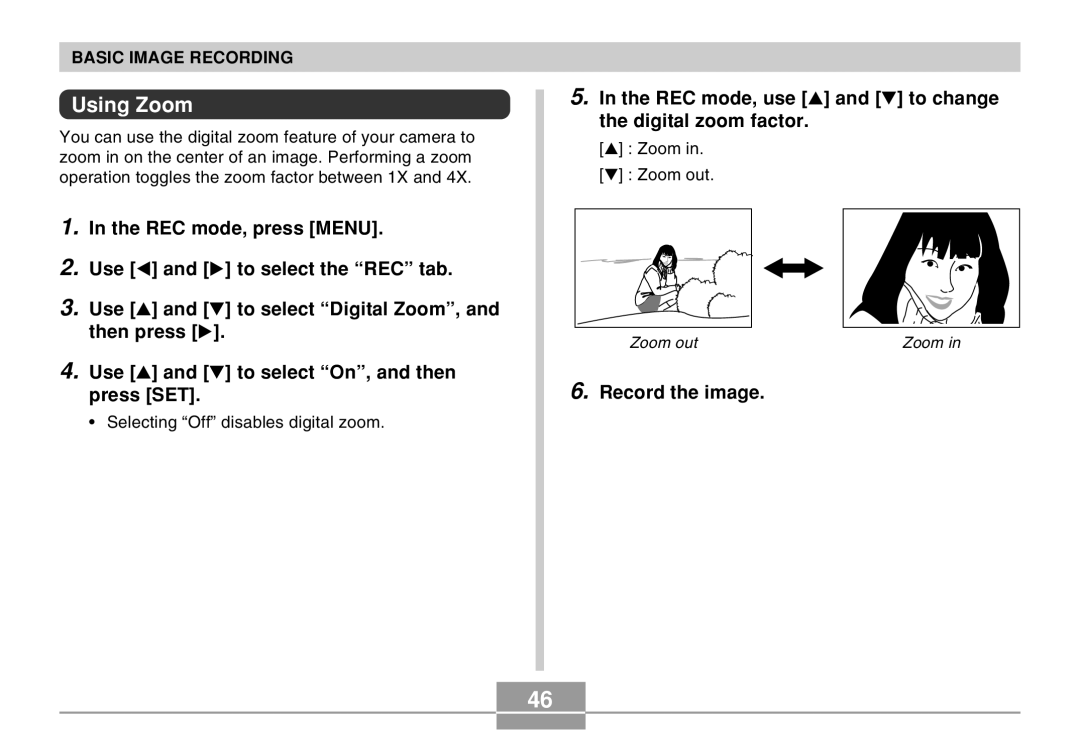 Casio EX-M20 manual Using Zoom, REC mode, use and to change the digital zoom factor 