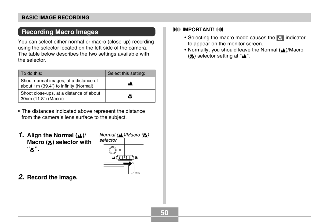 Casio EX-M20 manual Recording Macro Images, Align the Normal, Macro selector with 