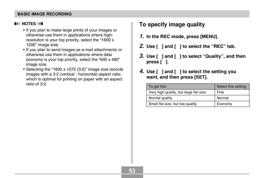 Casio EX-M20 manual To specify image quality 