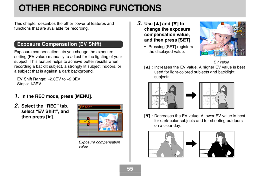 Casio EX-M20 manual Other Recording Functions, Exposure Compensation EV Shift 