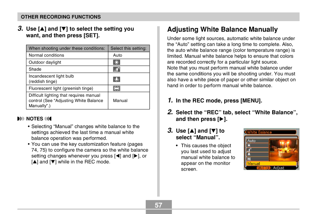 Casio EX-M20 manual Adjusting White Balance Manually, Use and to select the setting you want, and then press SET 