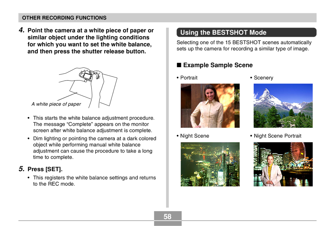 Casio EX-M20 manual Using the Bestshot Mode, Example Sample Scene, Press SET 