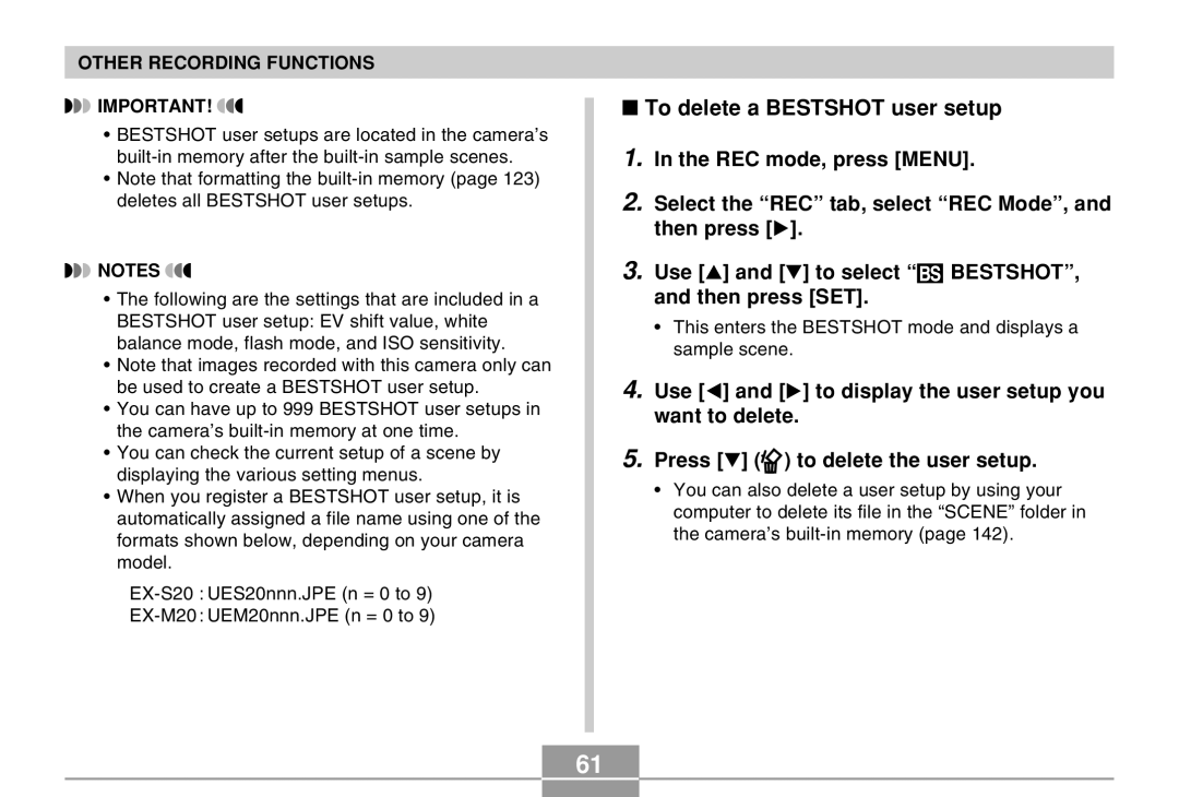 Casio EX-M20 manual To delete a Bestshot user setup 