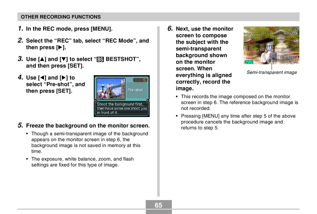 Casio EX-M20 manual REC mode, press Menu, Select the REC tab, select REC Mode, Freeze the background on the monitor screen 