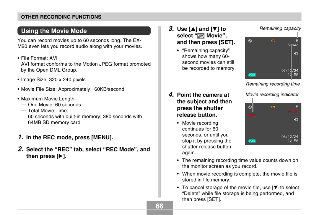 Casio EX-M20 manual Using the Movie Mode, Select Movie Then press SET, Point the camera at 