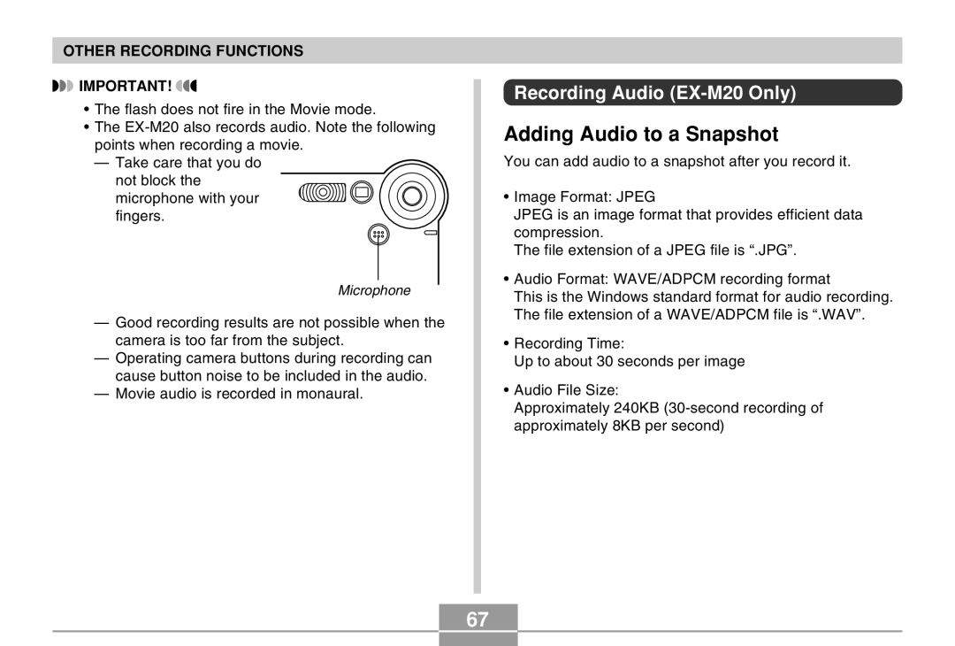 Casio manual Adding Audio to a Snapshot, Recording Audio EX-M20 Only 