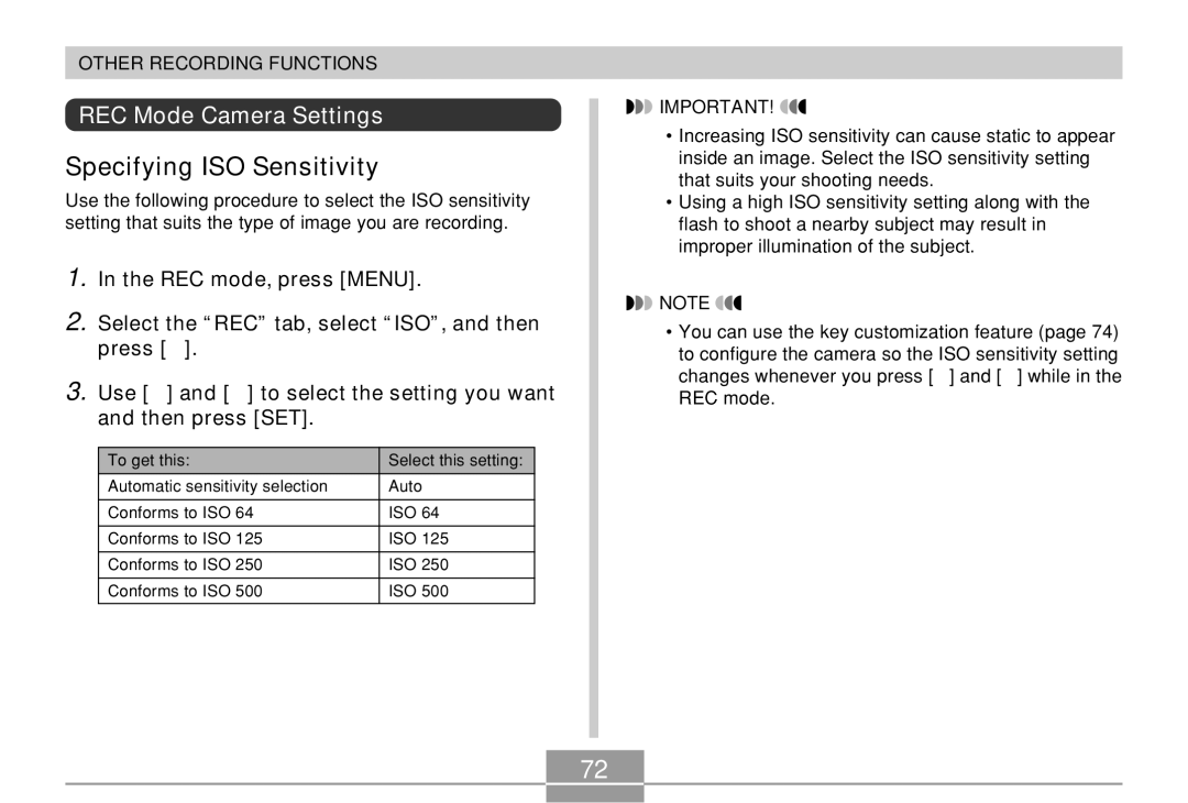 Casio EX-M20 manual Specifying ISO Sensitivity, REC Mode Camera Settings 