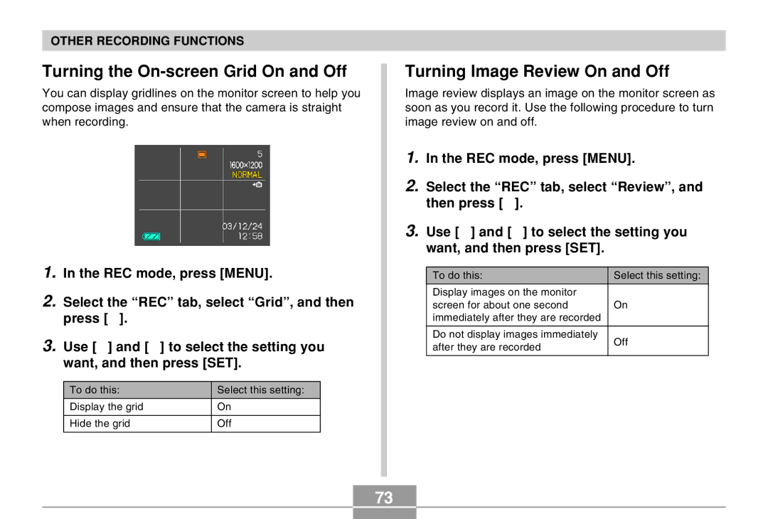 Casio EX-M20 manual Turning the On-screen Grid On and Off, Turning Image Review On and Off 