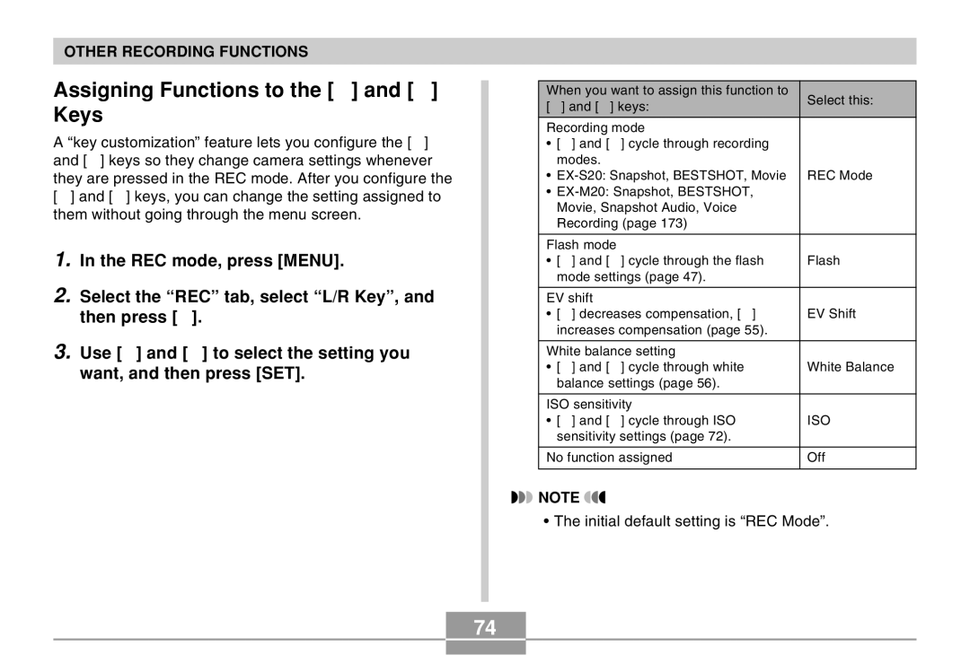 Casio EX-M20 manual Assigning Functions to Keys 