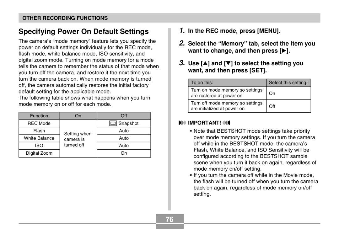 Casio EX-M20 manual Specifying Power On Default Settings 