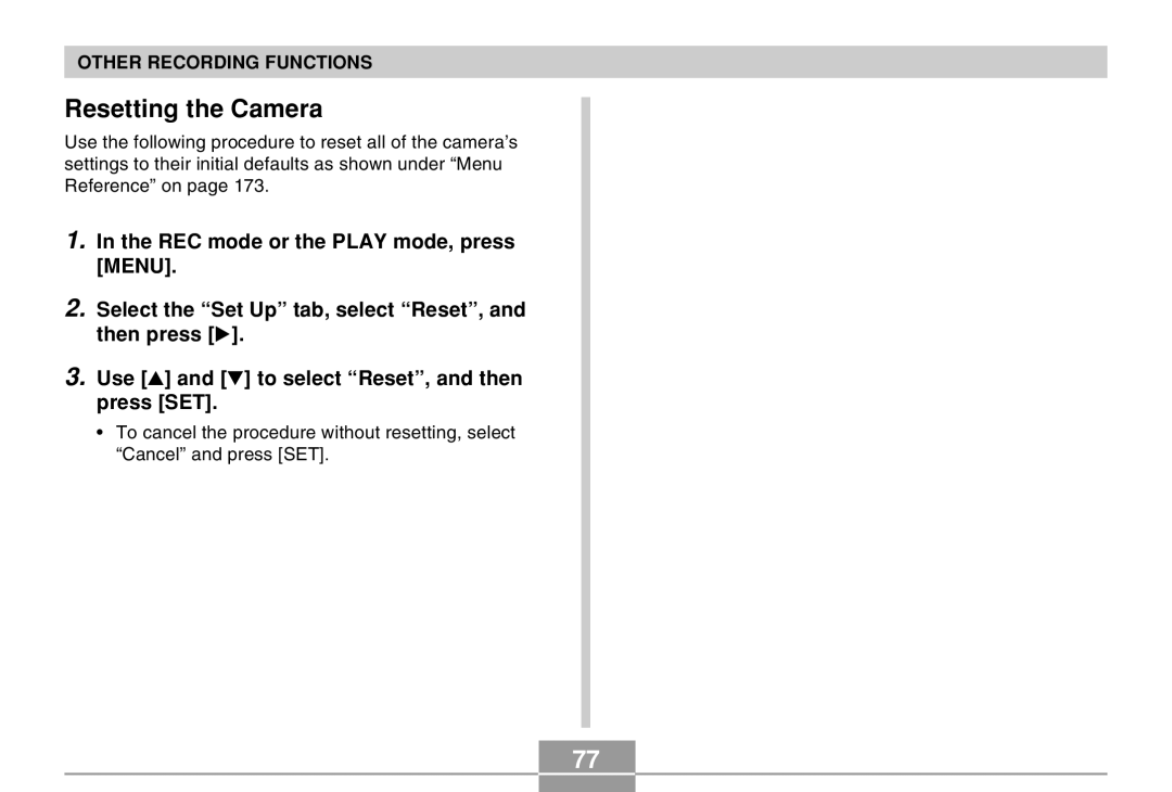 Casio EX-M20 manual Resetting the Camera 