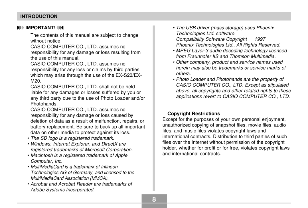 Casio EX-M20 manual SD logo is a registered trademark, Copyright Restrictions 