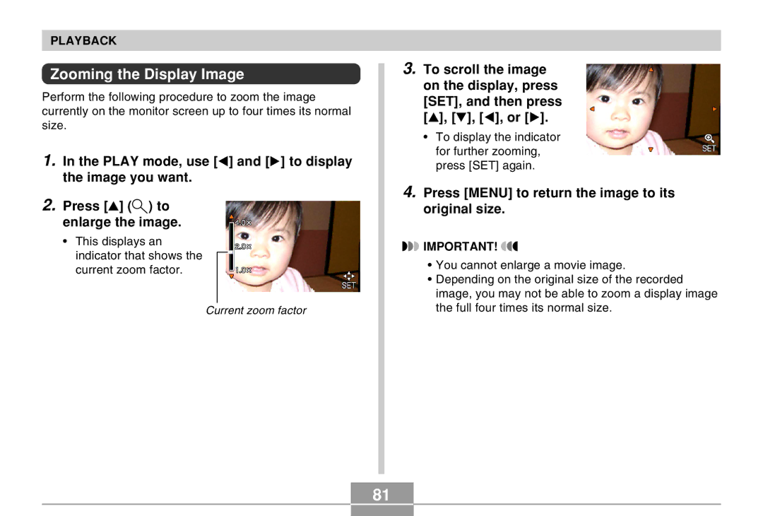 Casio EX-M20 manual Zooming the Display Image, Press Menu to return the image to its original size 