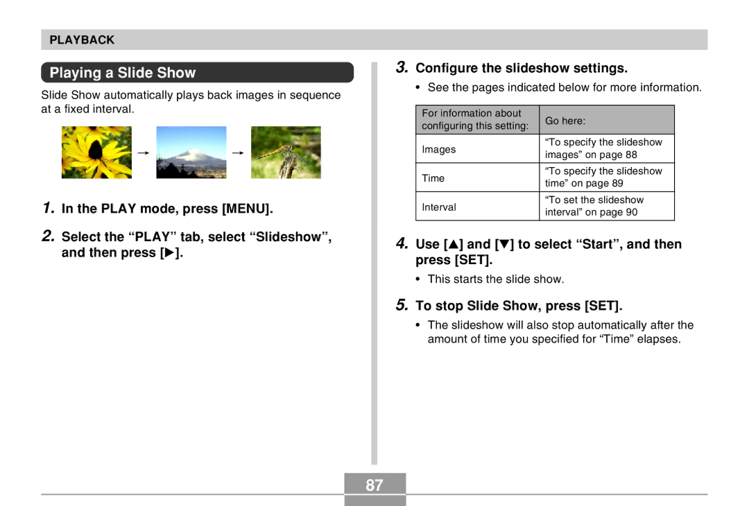 Casio EX-M20 manual Playing a Slide Show, Use and to select Start, and then press SET, To stop Slide Show, press SET 