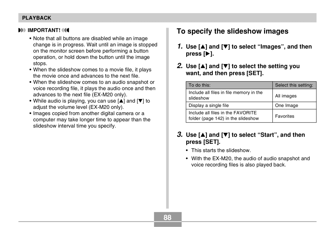 Casio EX-M20 manual To specify the slideshow images 