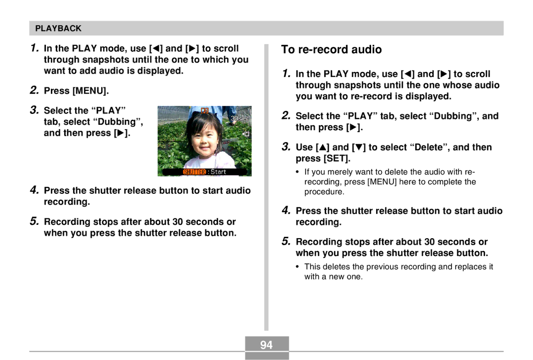 Casio EX-M20 manual To re-record audio 