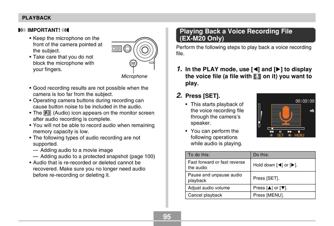 Casio manual Playing Back a Voice Recording File EX-M20 Only 