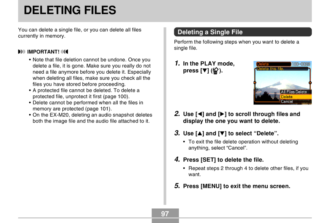 Casio EX-M20 Deleting Files, Deleting a Single File, Press SET to delete the file, Press Menu to exit the menu screen 