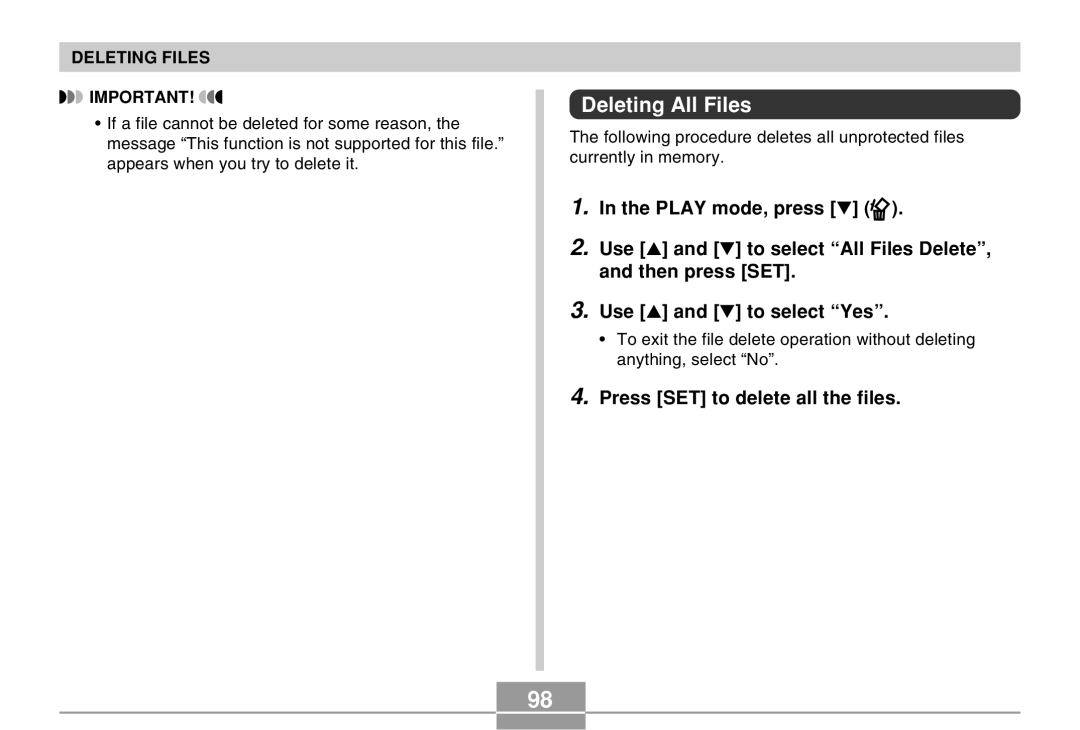 Casio EX-M20 manual Deleting All Files, Press SET to delete all the files 