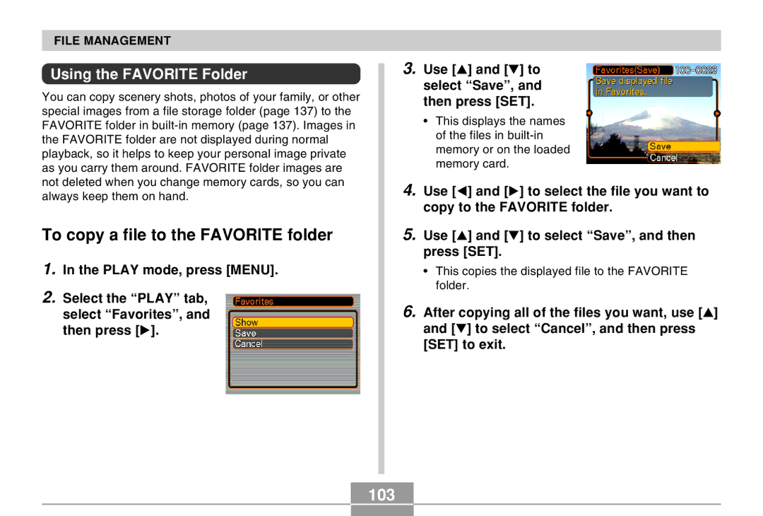 Casio EX-M20U manual To copy a file to the Favorite folder, 103, Using the Favorite Folder 