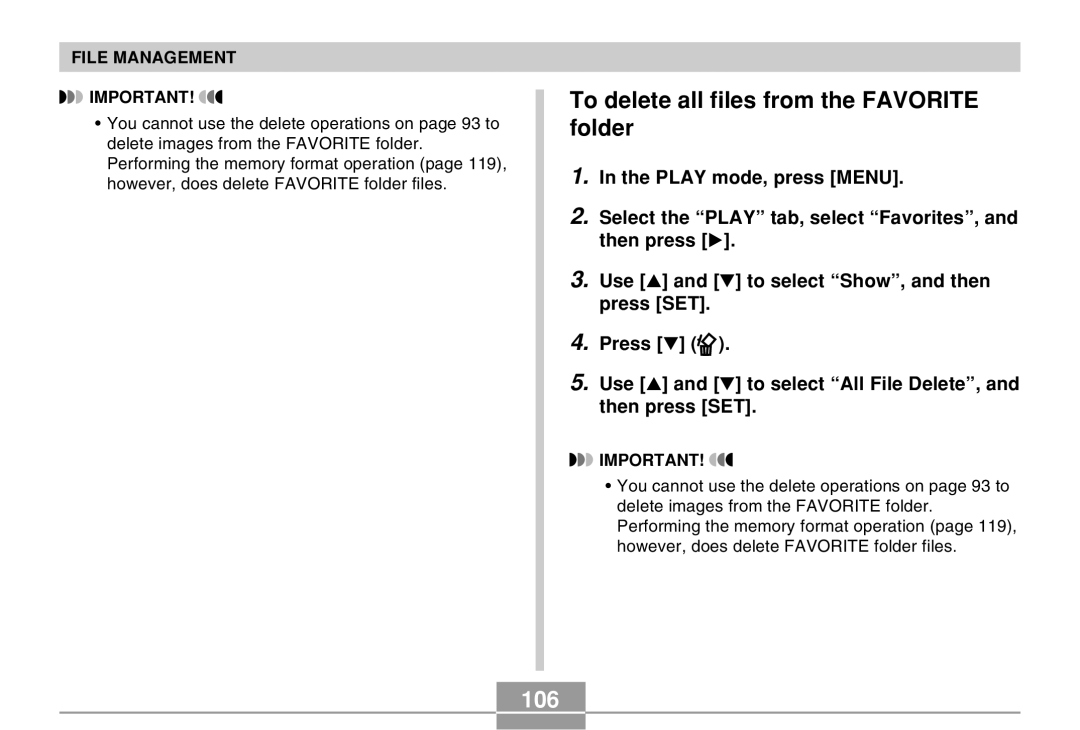 Casio EX-M20U manual To delete all files from the Favorite folder, 106 