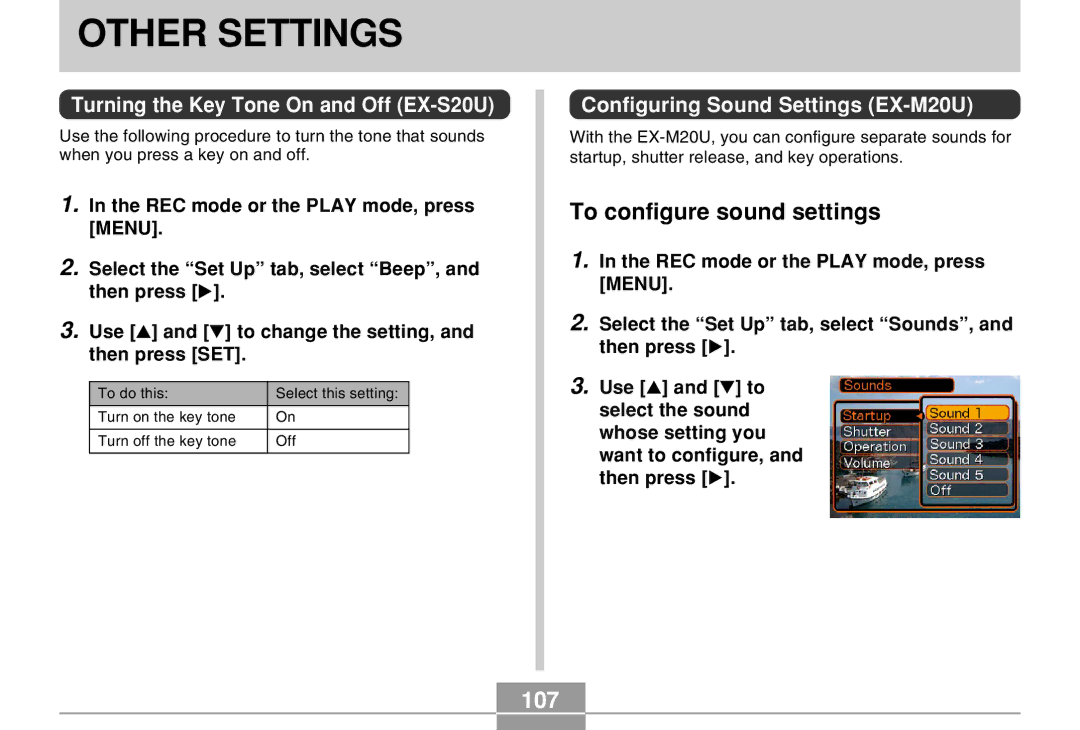 Casio EX-M20U manual Other Settings, To configure sound settings, 107, Turning the Key Tone On and Off EX-S20U 