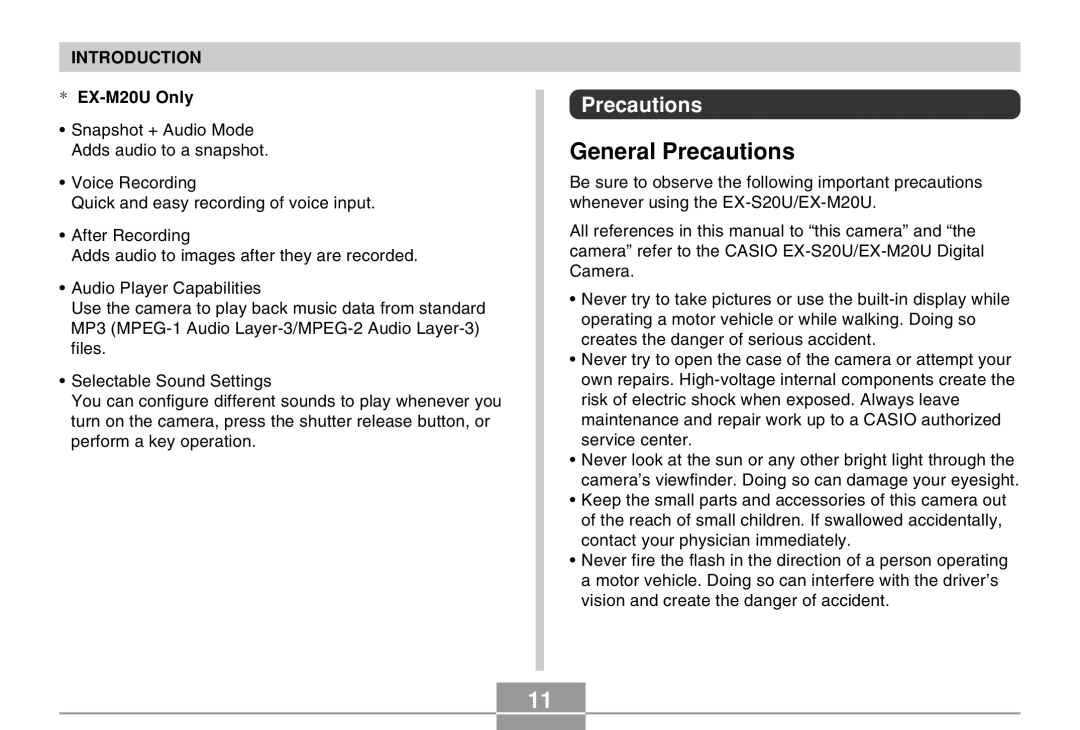 Casio manual General Precautions, EX-M20U Only 