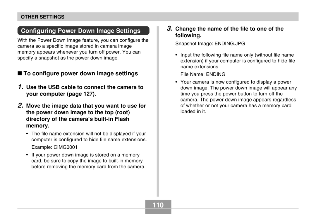 Casio EX-M20U manual 110, Configuring Power Down Image Settings, To configure power down image settings 