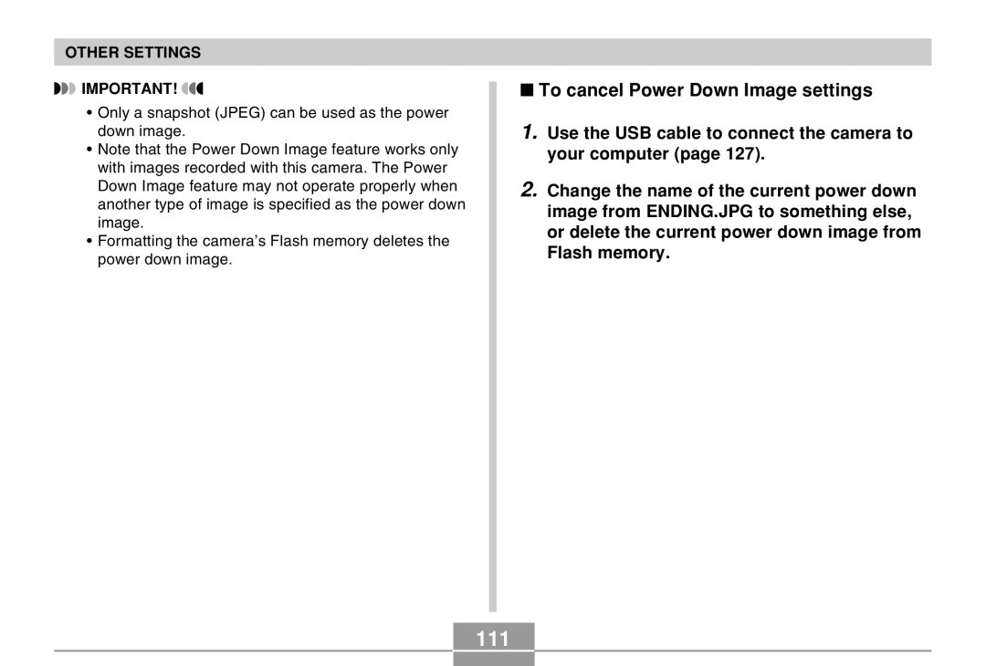 Casio EX-M20U manual 111, To cancel Power Down Image settings 