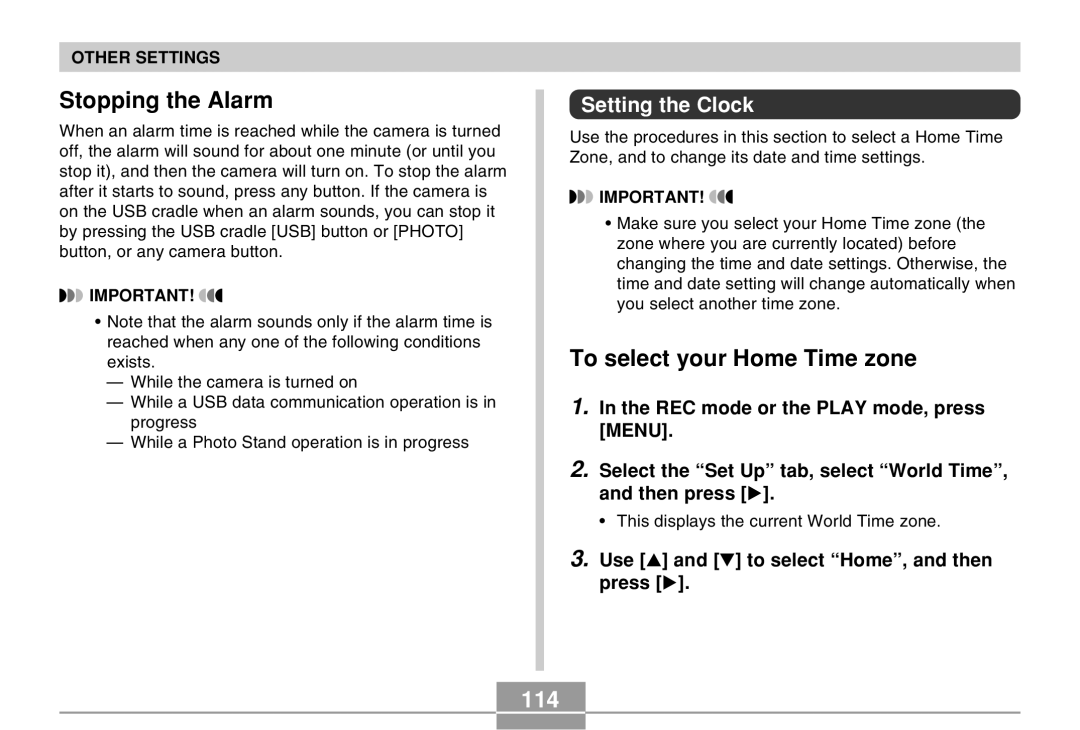 Casio EX-M20U manual Stopping the Alarm, To select your Home Time zone, 114, Setting the Clock 