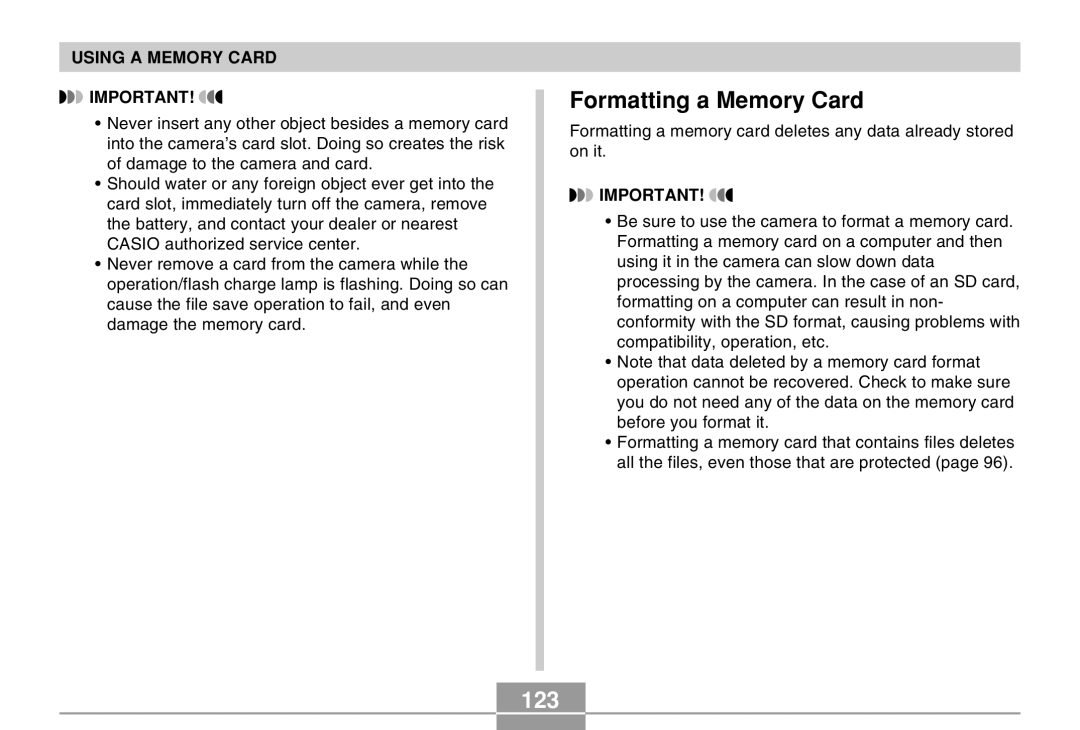 Casio EX-M20U manual Formatting a Memory Card, 123 