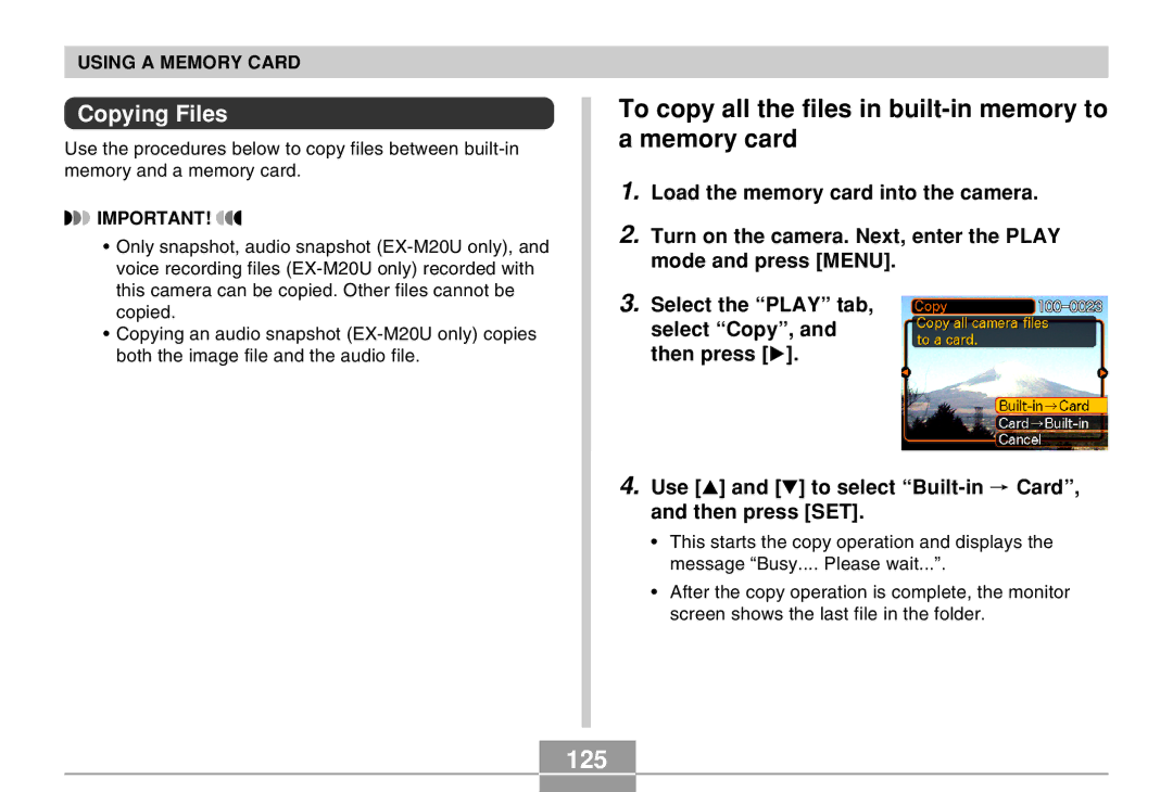 Casio EX-M20U manual To copy all the files in built-in memory to a memory card, 125, Copying Files 