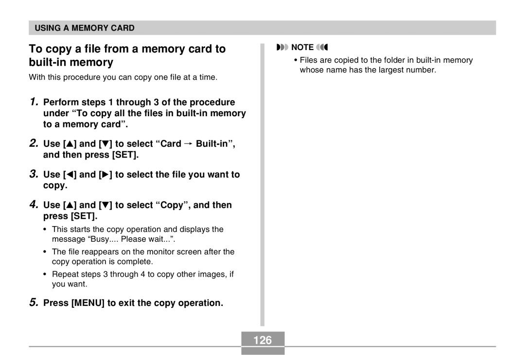 Casio EX-M20U manual To copy a file from a memory card to built-in memory, 126, Press Menu to exit the copy operation 