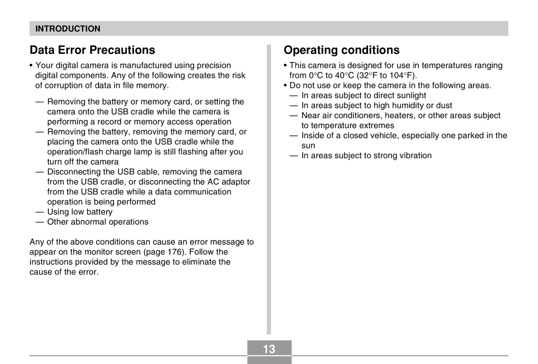 Casio EX-M20U manual Data Error Precautions, Operating conditions 