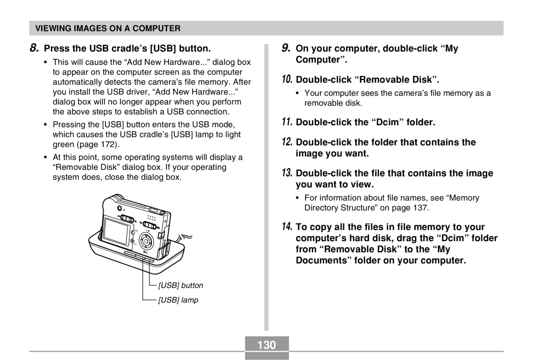 Casio EX-M20U manual 130, Press the USB cradle’s USB button 