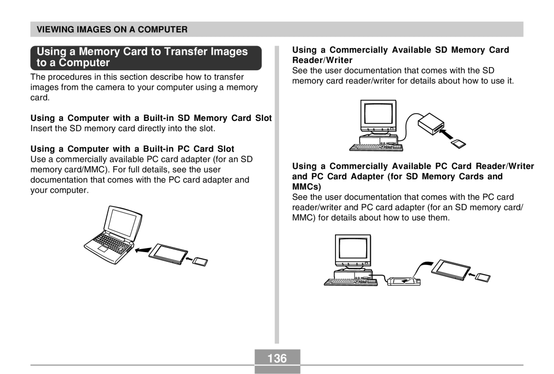 Casio EX-M20U manual 136, Using a Memory Card to Transfer Images to a Computer 