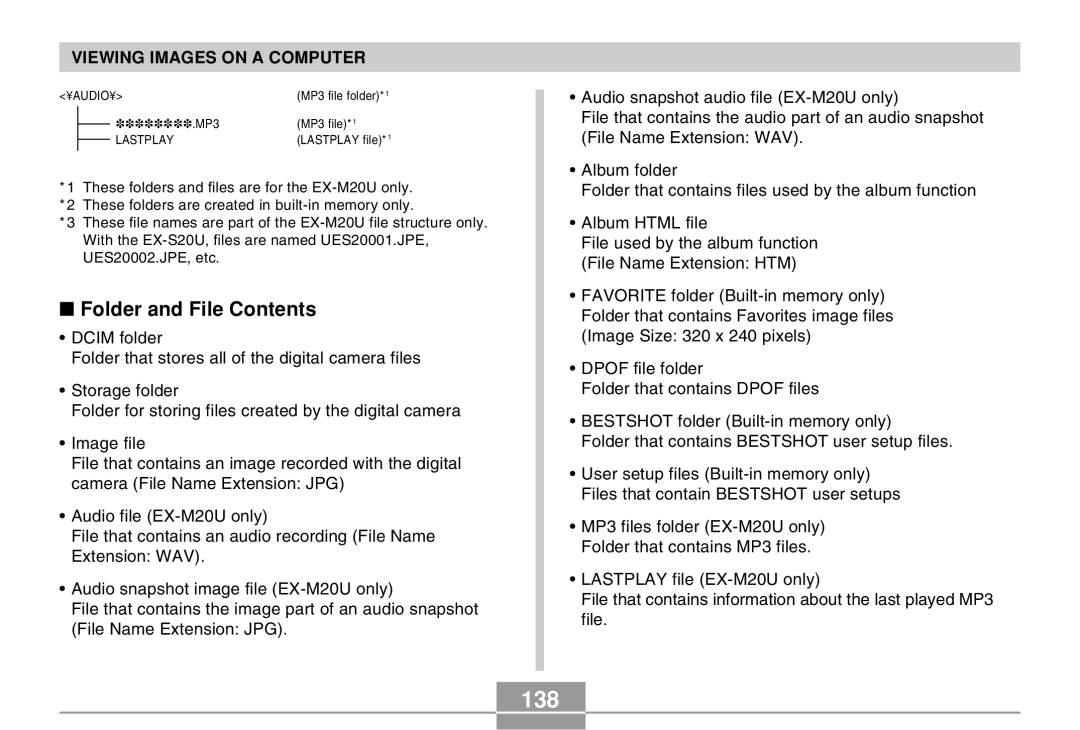 Casio EX-M20U manual 138, Folder and File Contents 